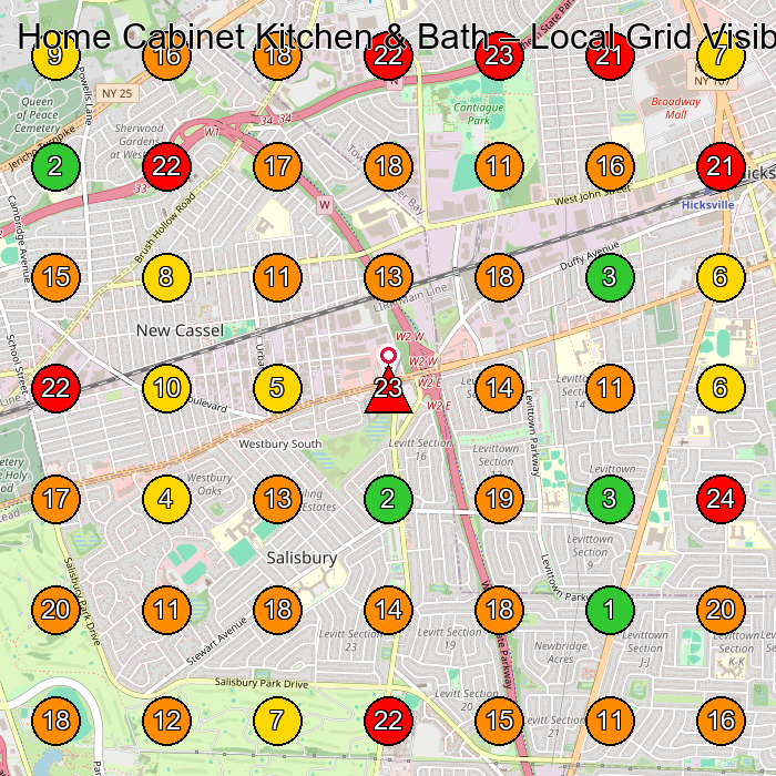 Home Cabinet Kitchen & Bath Cabinet Store GeoGrid ranking map for Westbury NY